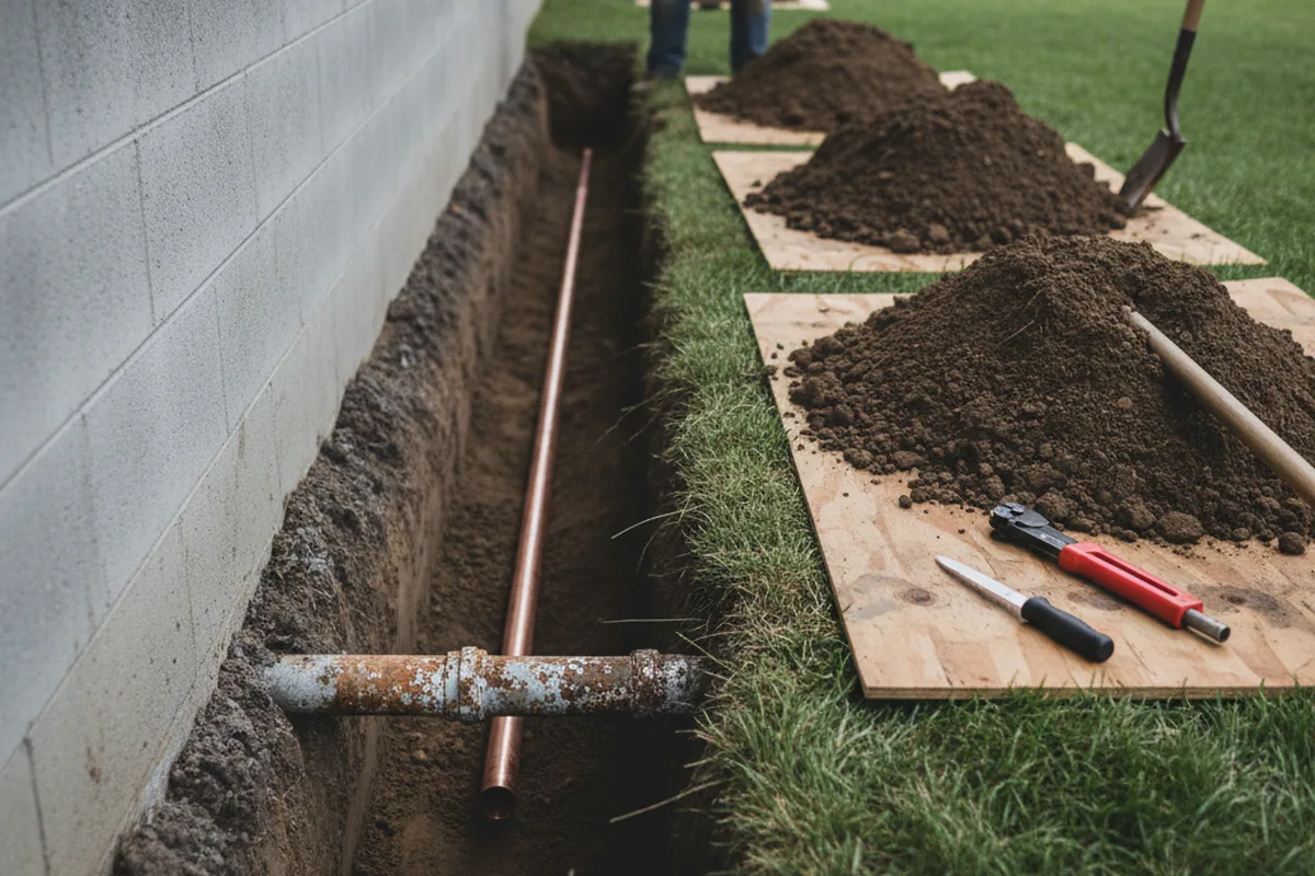 Excavated water line trench during Water Heater Repair in Water Mill